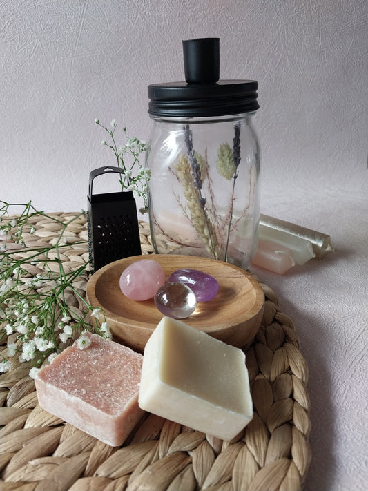 Amberblokjes Teak Schaaltje, Edelstenen, Glazen Pot - Relax Time Combi Set